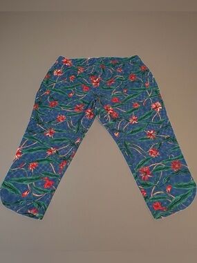 Blue Floral Shift Pants with Leaves and Red Flowers